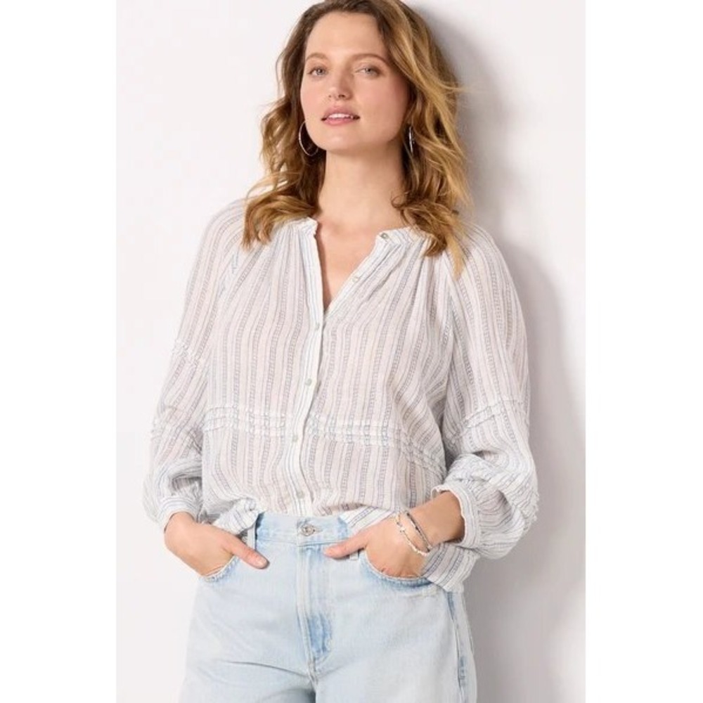 Rails Frances Sonoma Stripe Linenâ Blouse Top Button Front Blue White Size XL
